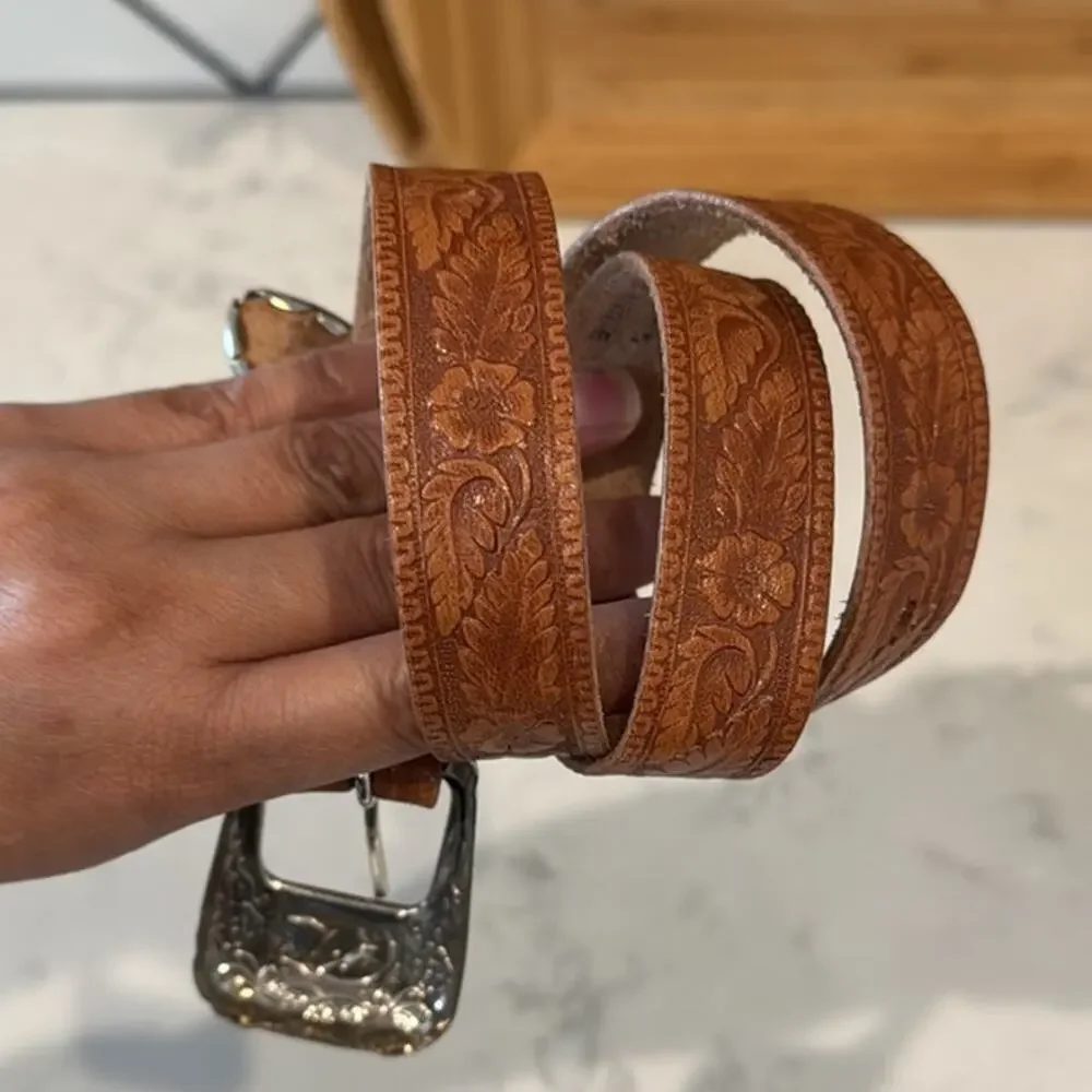 Vintage tooled leather bohemian western silver buckle and accents belt size 28